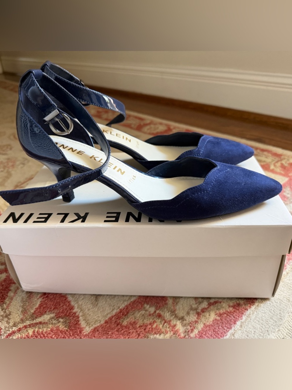 Anne Klein Navy Suede Pointed Kitten Heel Slingbacks